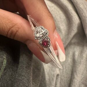 Pandora Silver Ring with Red and Clear Gemstones